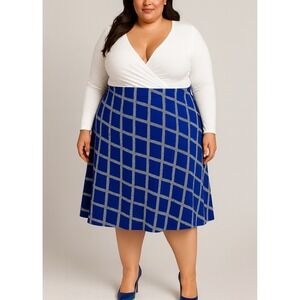 Ava & Viv Women's 1X Navy Blue Windowpane Plaid A-Line Midi Skirt Plus‎ Size